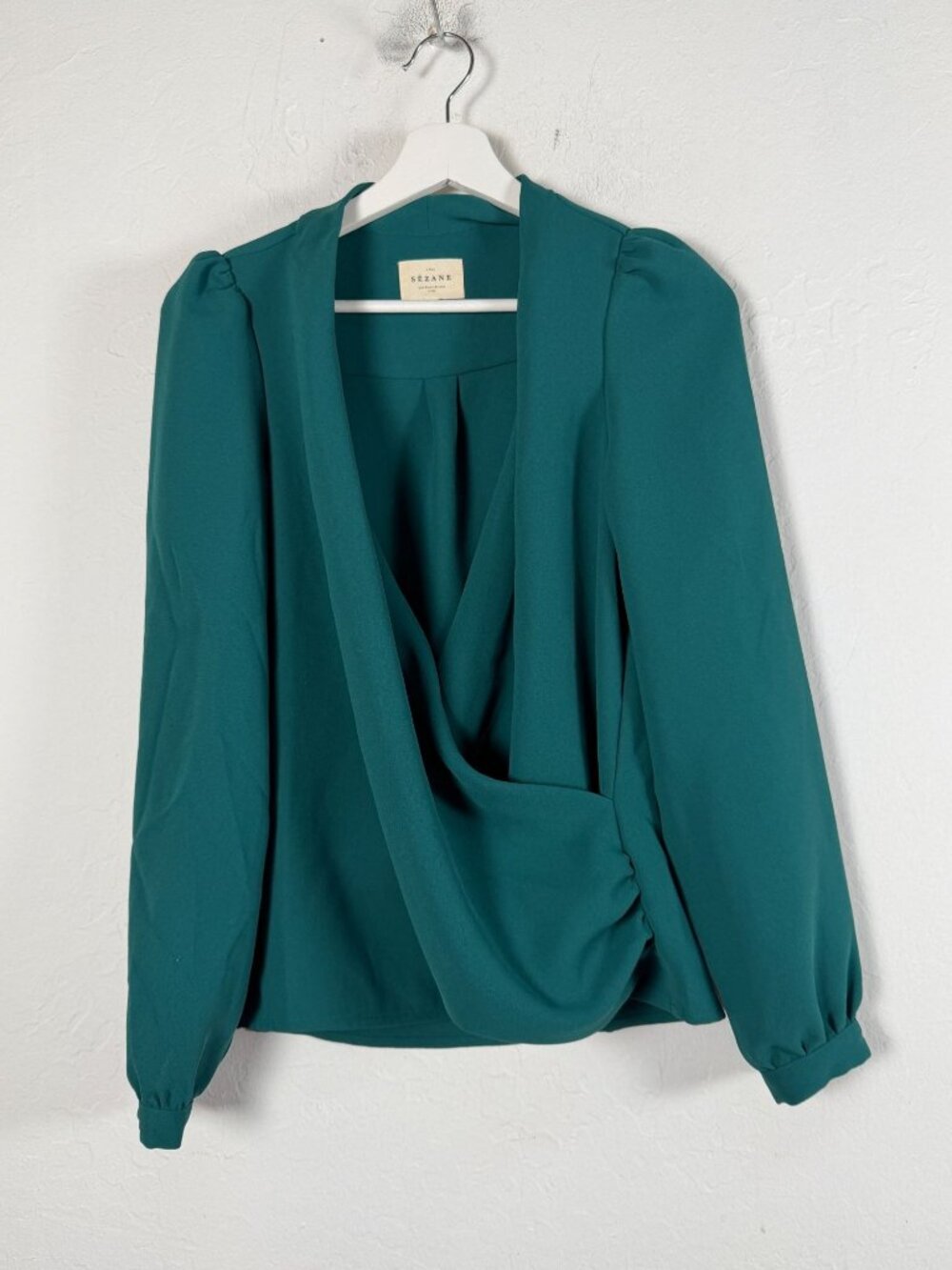 Sézane Women's Green Surplice Wrap Front Blouse Puff Sleeve Draped Top Size 36